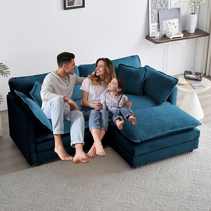 Modular Sectional Sofa with Ottoman, 76.7" Modern L Shaped Sectionals Cloud Couch, Comfy Couch Loveseat, 3 Seat Chenille Deep Seat Sofa with Pillow for Living Room, Bedroom Apartment,Small Spaces-Blue