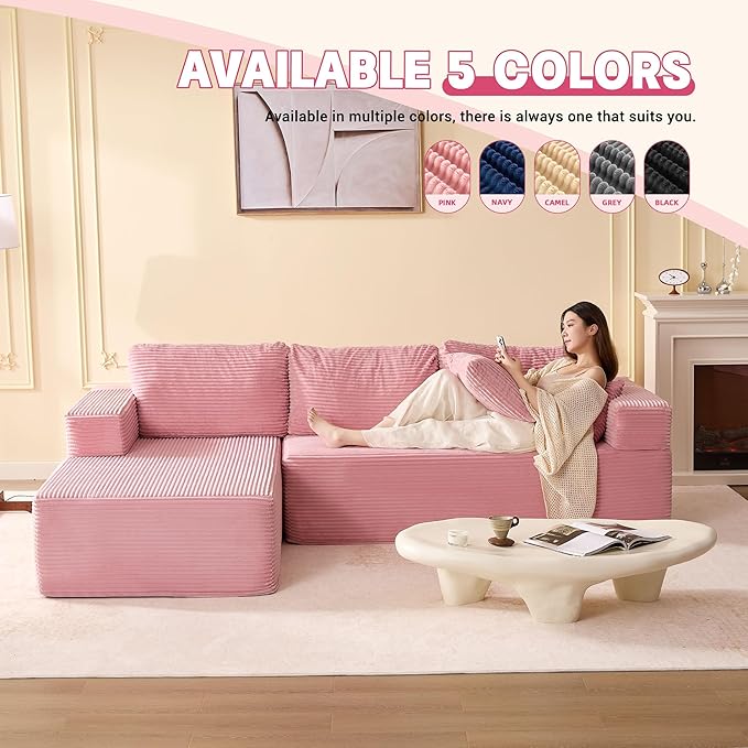 107" Boneless Couch with Deep Seat, Set of Modular Sectional Sofa, Cloud Sectional Couch for Living Room, No Assembly Required, Corduroy, L-Shape Left, Pink