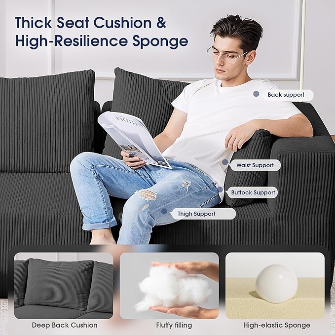 KINGYES 135'' Modular Sectional U Shaped Sofa, Upholstered Corduroy Boneless Couch Cloud Couch for Living Room, Gray