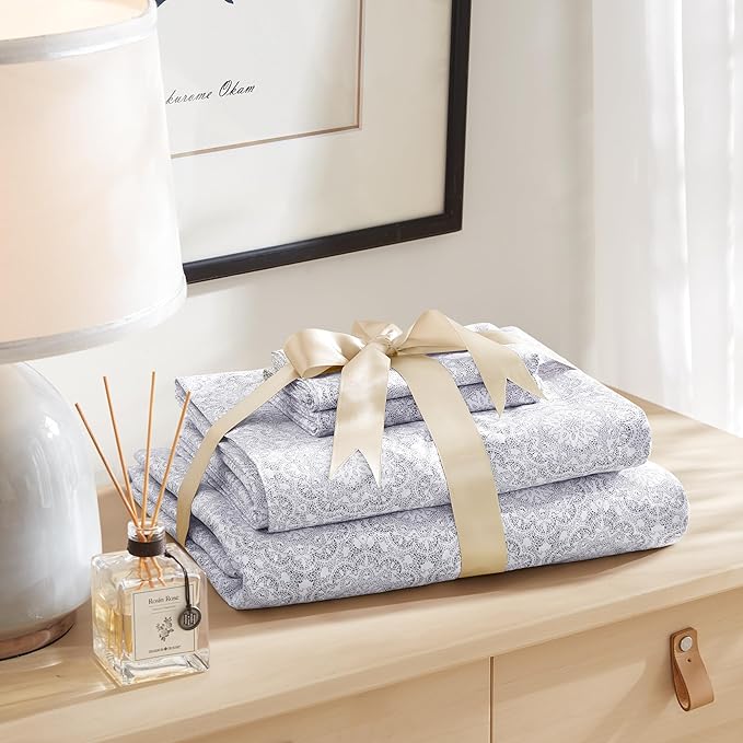 Comfort Spaces 100% Cotton Sheets Queen, Breathable, Naturally Cool Cotton Sheets, Soft Cotton Bed Sheets with 14" Elastic Pocket Fits up to 16" Mattress, All Seasons Sheet Set, Adelia Gray 4 Piece