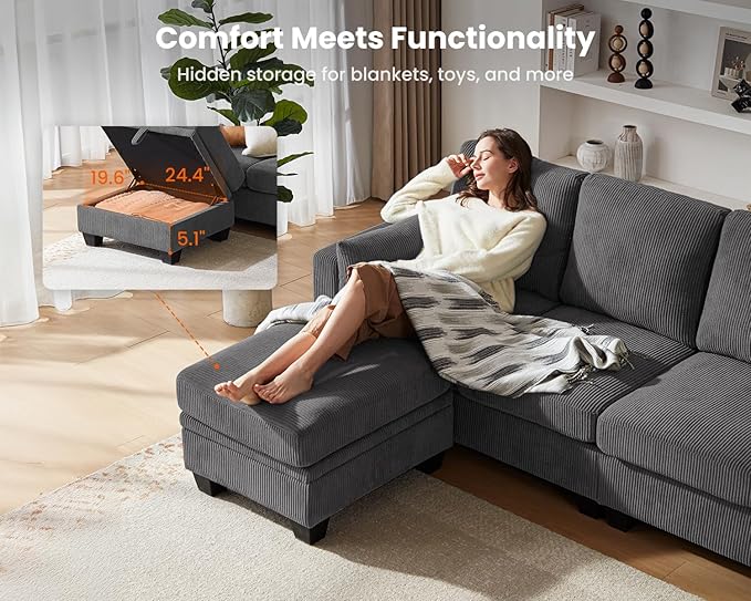 CHIC HOUSE Modular Corner Sectional Sofa with Storage, Corduroy L-Shaped Couch, Compact Small Space Furniture for Living Room & Apartment (Dark Grey, 5 Seater L-Shaped)