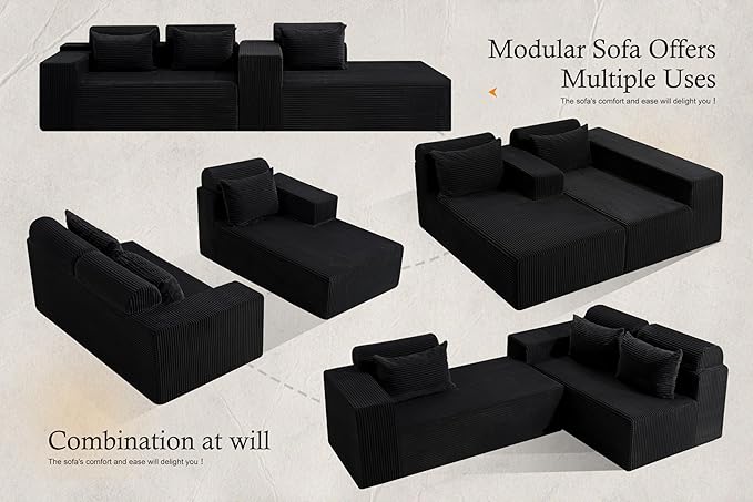 HABUTWAY Sectional Couches for Living Room,No Assembly L Shaped Couch 105" Modular Sectional Sofa Couch with Deep Seat,Cloud Couches Furniture Sets for Apartment,Corduroy (Black, Right Facing)