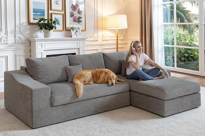 HABUTWAY 101'' Modular Sectional Sofa, Cloud Sectional Couches for Living Room, Comfy Boneless Couch with Deep Seat, Modern L-Shape Sofa with Chaise, No Assembly Required (Grey, Right Facing Chaise)