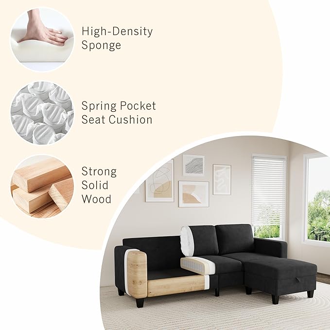 Sectional Sofa and Couches for Living Room, 78'' Black 3 Seat L-Shaped Couch with Movable Ottoman, Comfy Velvet Convertible Sectionals Sofas with Chaise for Apartment, Dorm, Small Space