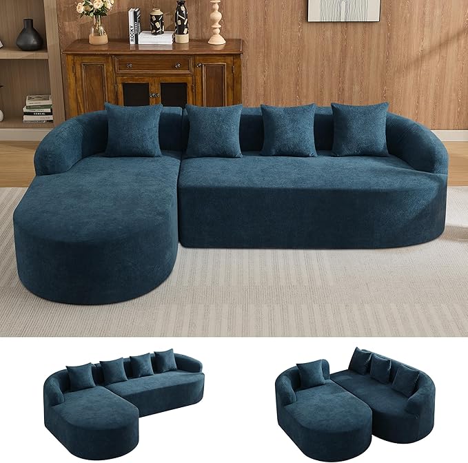 105.5" Boneless Curved Couch, L Shaped 4-Seater Cloud Couch with Deep Seat Chaise, Oversized Curved Sofa, Chenille Modular Sectional Couches for Living Room, No Assembly, Blue