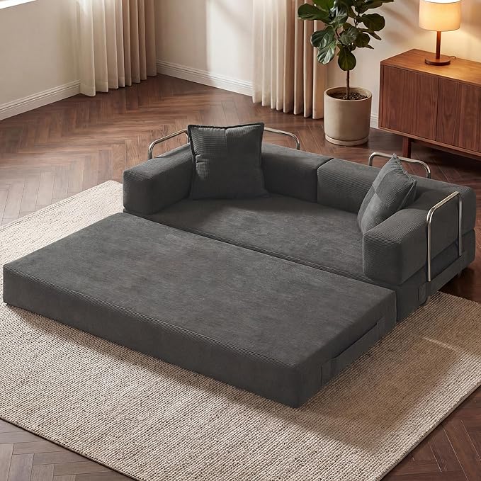 78 Inch Convertible Sofa Bed, 5-in-1 Futon Sofa Bed Pull Out Couch, Boneless Couch Bed for Living Room, Corduroy Boneless Couches for Bedroom, Apartment, No Assembly Sleeper Sofa Bed, Gray | 4 Fixed-Shape Frame, Removable Corduroy, High-density foam, W...