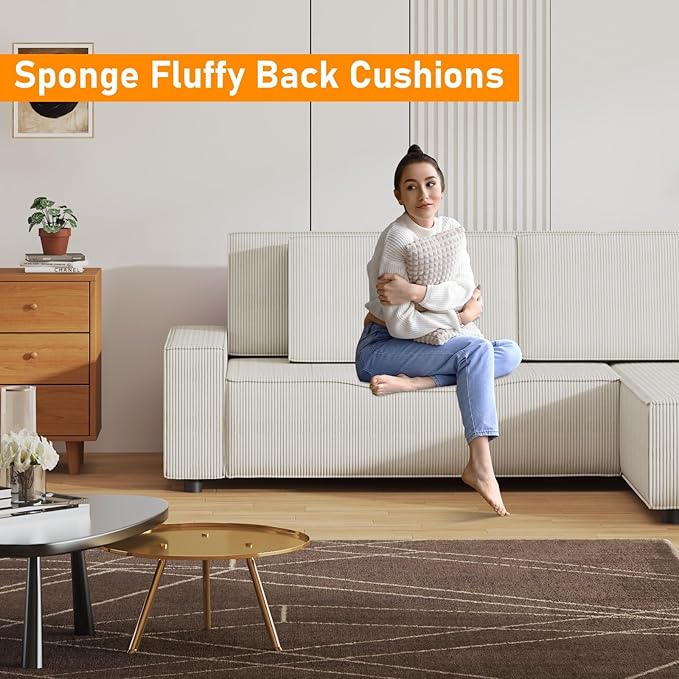 GAOMON Fine Stripe Corduroy Sectional Sofa, l Shaped Modern Corduroy Couch, Comfy Sofa Couch with Deep Chaise for Living Room, Apartment, Hotel, 96" w*61" d*32" h, Beige