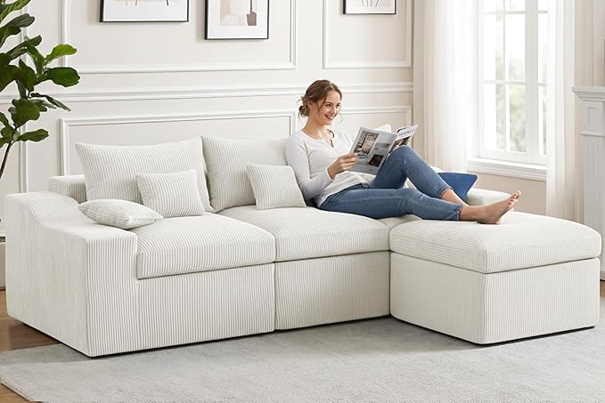 HABUTWAY 104" L Shaped Cloud Sectional Couch, Boneless Modular Sectional Sofa with Deep Seat, Corduroy Couches for Living Room, Modular Couch, No Assembly Required (Beige)