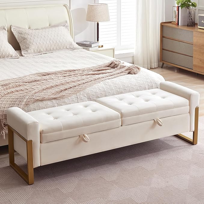 67" End of Bed Bench King Size, Velvet Storage Bench for Bedroom Foot of Bed, Double Lids Storage Bench with Golden Legs, Upholstered Ottoman Bench for Living Room Window Entryway, Cream