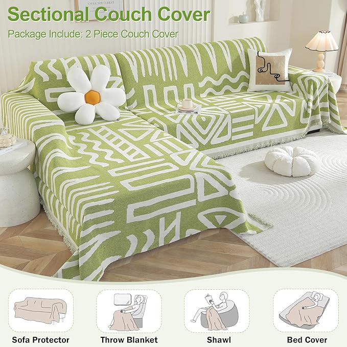 OstepDecor Boho Sectional Couch Covers 2 Pieces, L Shaped Sofa Cover, Chenille Couch Cover for Dogs Washable, Couch Cover Blanket, Sofa Slipcover for 2-3 Cushion Couch (71"x118"+91"x134", Green)