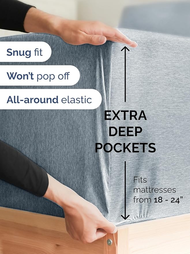 Extra Deep Queen Sheet Set - 6 Piece Breathable and Cooling Sheets - Hotel Luxury Bedding for Women, Men, Kids & Teens - Easy Secure Fit - Soft and Wrinkle Free - Extra Deep Pockets - Heathered Blue