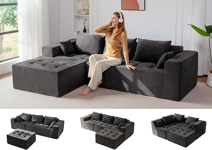 MAXYOYO Modular Sectional Sofa Couch, L Shaped Boneless Cloud Couch with Flexible Ottoman, Chenille Upholstered Living Room Sleeper Sofa Chair for Living Room, No Assembly Required, Dark Grey