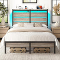 Rolanstar Queen Bed Frame with LED Lights and Charging Station, Wood Storage Headboard and Under Bed Storage, Metal Platform, Noise Free, No Box Spring Needed, Grey