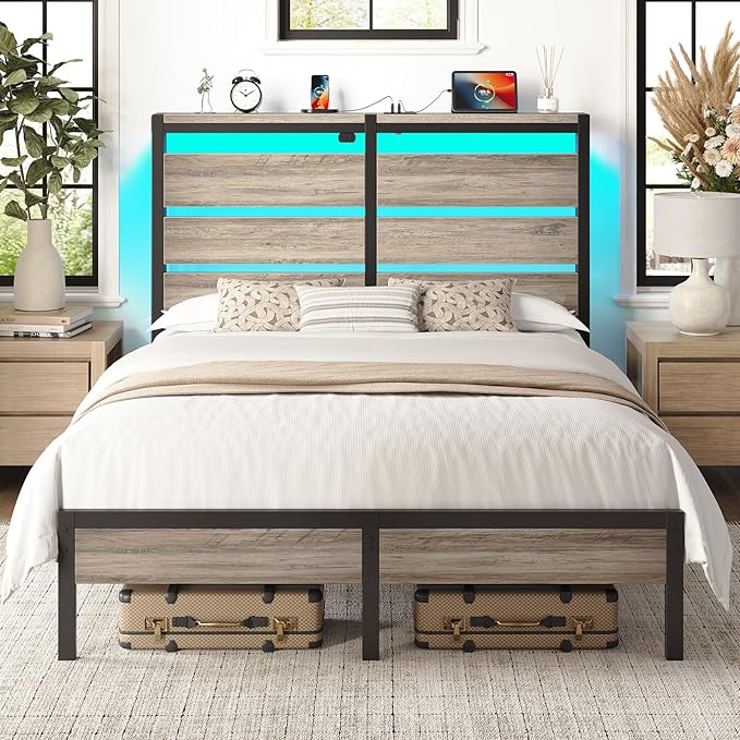 Rolanstar Queen Bed Frame with LED Lights and Charging Station, Wood Storage Headboard and Under Bed Storage, Metal Platform, Noise Free, No Box Spring Needed, Grey