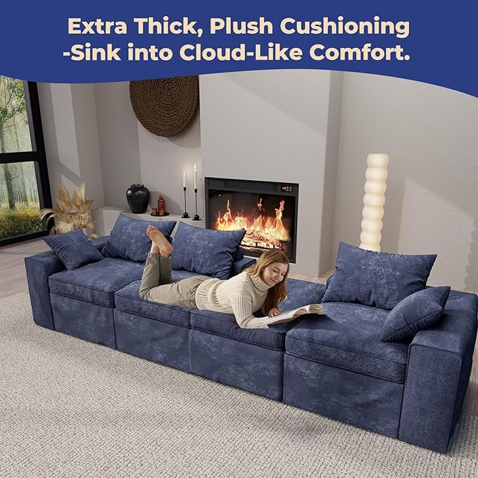 108 Inch Cloud Sectional Couch, Modular Sectional Sofa with Deep Seat, Convertible L-Shape Couch with Ottoman, 3 Seater Cloud Couches for Living Room, No Assembly Required (Blue)