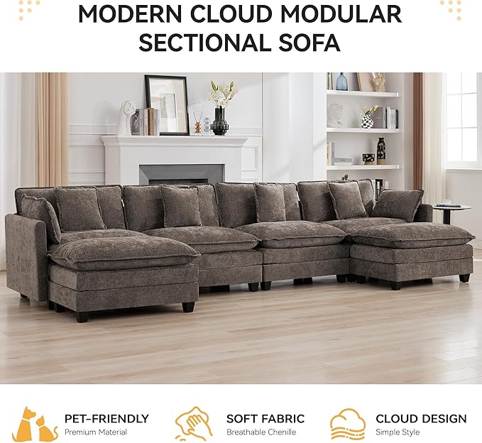 147'' Sectional Cloud Deep Seat Couch, Oversized Chenille U Shaped Sectional Sofa for Living Room Set, Comfy Upholstered Modular Sectional Sofa Couch with Movable Ottoman, Brown