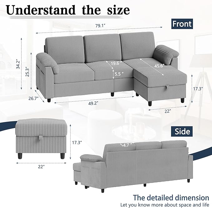 Meilocar Sectional Sofa Couch for Living Room, 79" Sectional Couches with Storage Ottoman, L Shaped Couch with Sloping Armrests, 3-Seat Sofa Couches for Small Space, Light Grey | Breathable Material