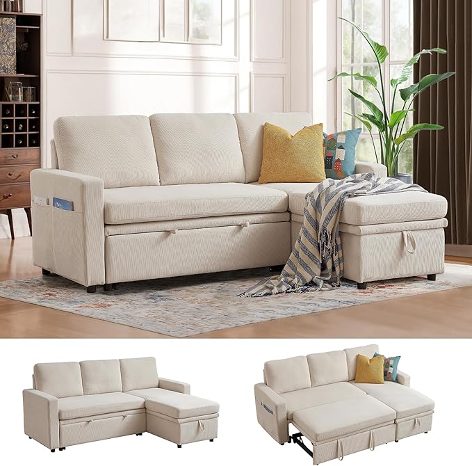 2-in-1 Convertible Sofa with Pull Out Bed, 76" L Shaped Comfy Sectional Couch 3-Seater Sleeper Sofa with Reversible Storage Chaise for Living Room, Beige