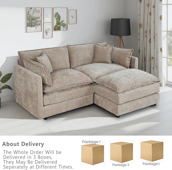 Setawix Deep Loveseat Couch with Ottoman,Large L-Shaped 2 Seater Cloud Couches for Living Room,77.16" Chenille Cloud Sofas with Deep Seat,Modular Sectional 2 Seat Sofa for Bedroom (Coffee, 2+1)