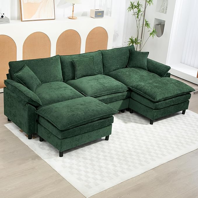 Oversized Modular Sectional Sofa, 111.8 Inch U Shaped Cloud Couch Set, 3-Seat Comfy Convertible Sofa with 2 Movable Ottoman, DIY Combination Sleeper Couch for Living Room(Chenille, Green)