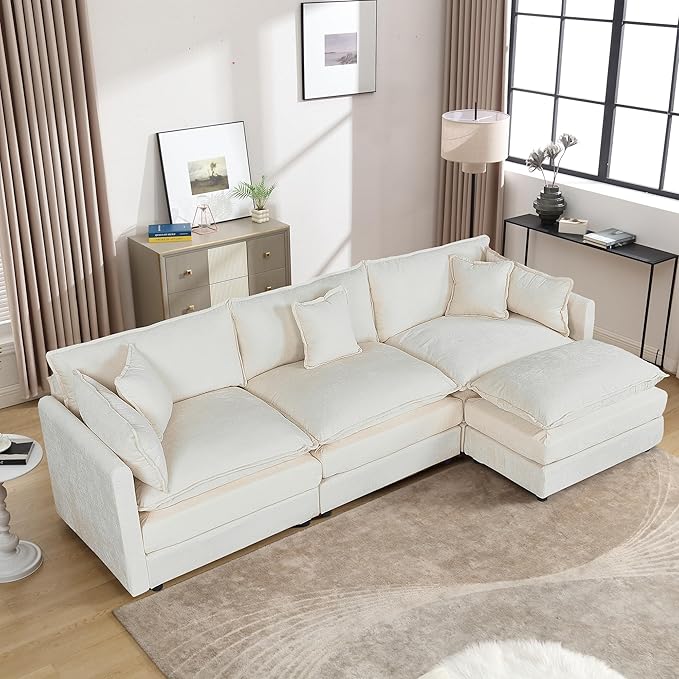 Setawix Deep 3 Seater Couch with Ottoman,112.2" L-Shaped Cloud Couches for Living Room,Chenille Cloud Sofa Couch with Deep Seat,Modular Sectional L Shape 3 Seat Sofa for Bedroom (Beige, 3+1)
