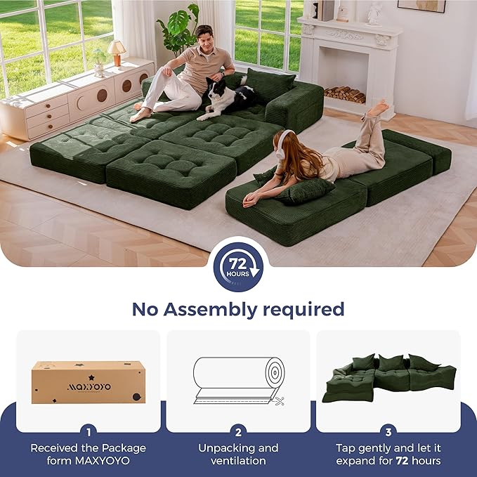 MAXYOYO Modular Sectional Sofa Couch, Foldable L-Shaped Folding Sofa Bed with Ottoman, Convertible Sectional Couch Corded Tufted Floor Sofa Lounger with Pillows for Living Room No Assembly, Dark Green