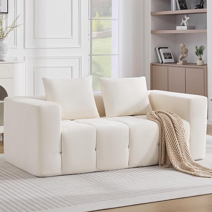 72" Loveseat Boneless Couch, Cloud Sectional Couch with Deep Seat, High-Density Memory Foam and Chaise, Love Seat Sofa, Boneless Couches for Living Room, No Assembly Required Tufted Sofa, Beige