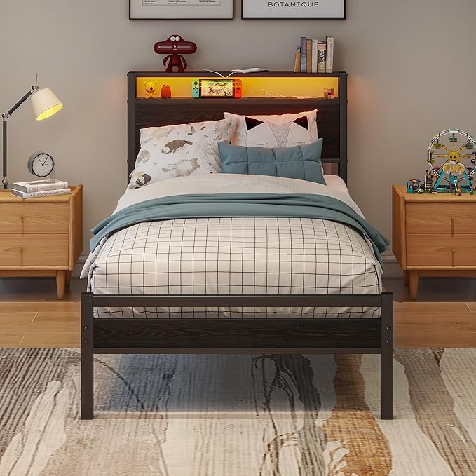 BOFENG Metal Bed Frame Twin Size,Black Wood Storage Headboard with Charging Station/LED Lights,Heavy Duty Metal Platform Bed Frames No Box Spring Needed,Noise Free,Easy Assembly
