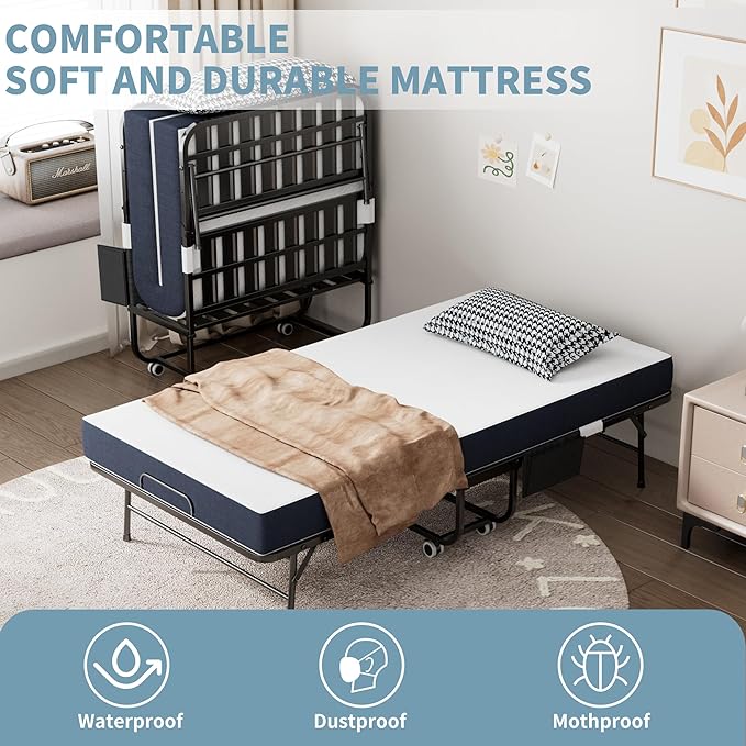 Folding Bed, 74"x31" Portable Beds for Adults, Heavy Duty Sturdy Metal Frame, Foldable Bed on Wheels for Twin Size, Space Saving Rollaway Bed for Guest, Easy Storage with Side Storage Pocket