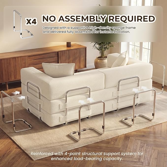 78 Inch Convertible Sofa Bed, 5-in-1 Futon Sofa Bed Pull Out Couch, Boneless Couch Bed for Living Room, Corduroy Boneless Couches for Bedroom, Apartment, No Assembly Sleeper Sofa Bed, Beige | 4 Fixed-Shape Frame, Removable Corduroy, High-density foam, ...