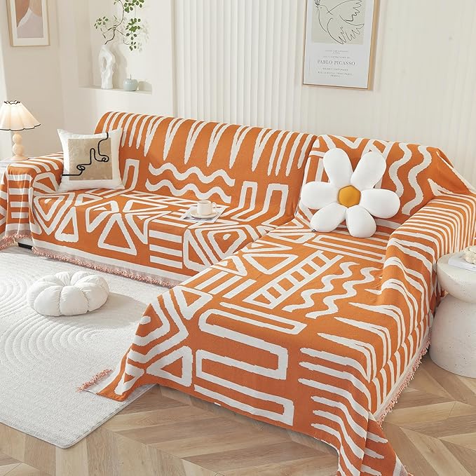OstepDecor Boho Sectional Couch Covers 2 Pieces, L Shaped Sofa Cover, Chenille Couch Cover for Dogs Washable, Couch Cover Blanket, Sofa Slipcover for 2-3 Cushion Couch (71"x110"+71"x118", Orange)