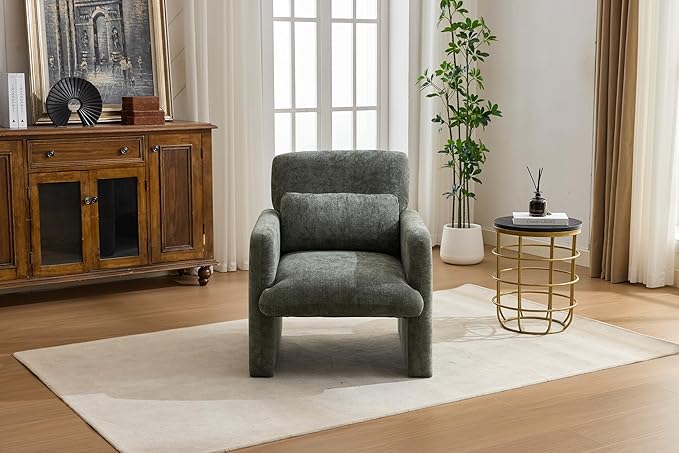 GDFStudio 30" Modern Accent Chair, Upgrade Leisure Boucle Upholstered Armchair with Straight Arms and Waist Pillow, Comfy Single Sofa Chair for Living Room Bedroom Office Apartment, Antique Green