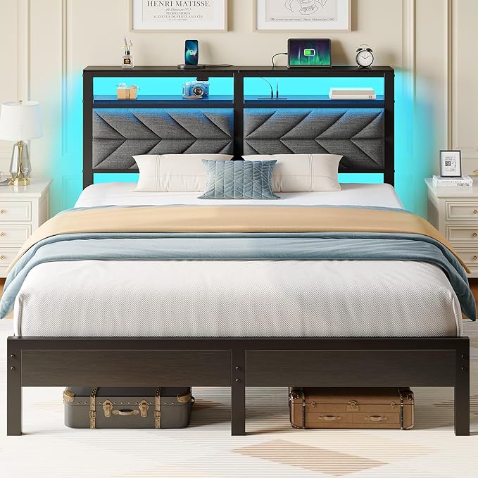 Seventable Bed Frame Full Size with Charging Station, LED Bed with Upholstered Storage Headboard, Metal Platform Bed with Under Bed Storage, No Box Spring Needed, Noise Free, Easy Assembly, Grey