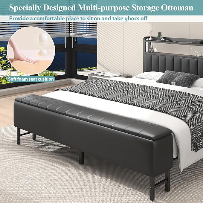 King Size Bed Frame with Star Projector & Charging Station, PU Leather Upholstered Platform with 2-Tier Storage Headboard & Storage Ottoman, Metal Support, Noise-Free, No Box Spring Needed, Black