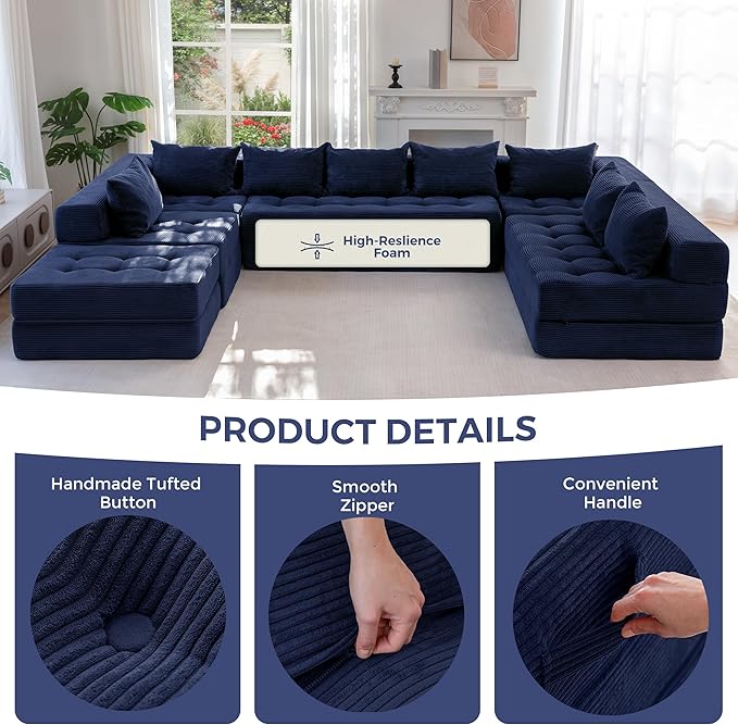 MAXYOYO Modular Sectional Sofa Couch, Foldable Oversized U Shaped Cloud Couch with Pillows, Tufted Boneless Sleeper Lounger Floor Sofa Bed for Living Room, No Assembly Required, Navy
