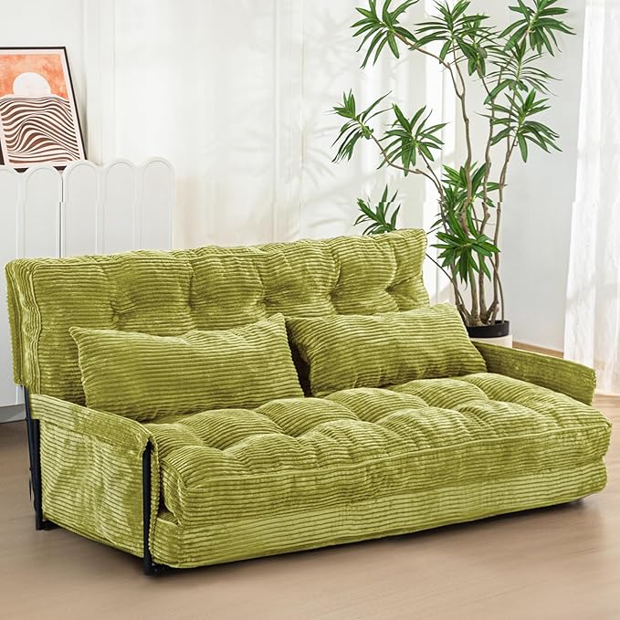 MAXYOYO Adjustable Floor Sofa Couch with 2 Pillows, Multi-Functional Bean Bag Bed, 5-Position Foldable Lazy Sofa Sleeper Bed with Armrest, Versatile Floor Seating for Reading, Green, Double