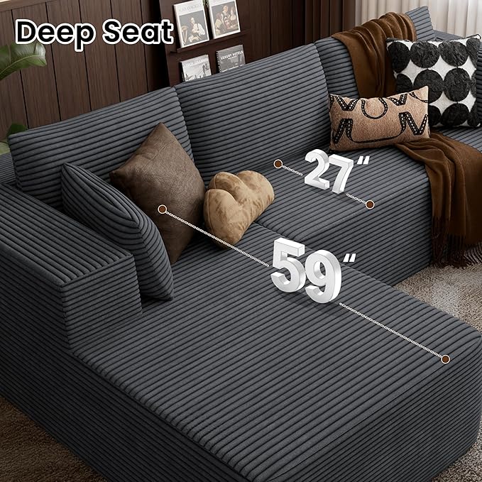 106" Cloud Sectional Boneless Couches for Living Room, Modular U Shaped Couch with Deep Seat, Removable Ottoman, Memory Foam Compressed Spineless 4 Seater Sofa for Bedroom Apartment, Grey