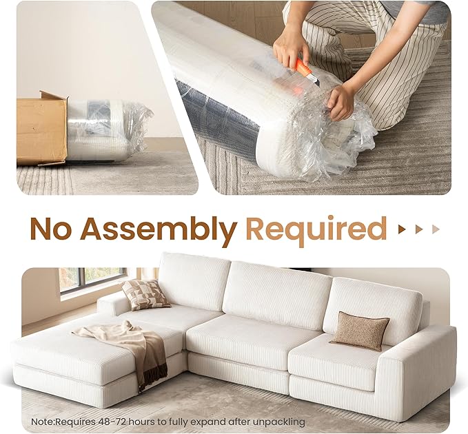 Modular Sectional Sofa, 80.31" Modern Cloud Couch Sectional Sofa with L-Shaped Chaise Comfy Corduroy Fluffy Couch with Deep Seat Boneless Couches for Living Room Bedroom, White