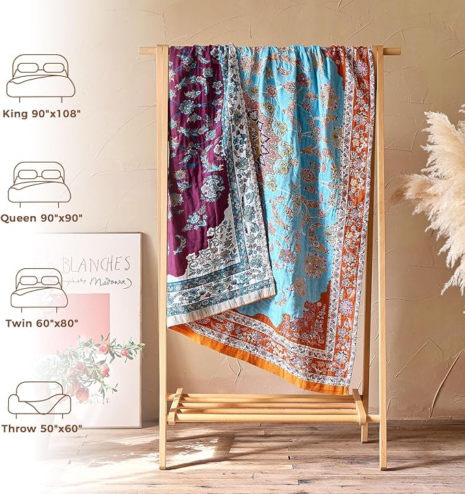 LUTBM Boho Throw Blanket for Bed Cotton Spring Blankets for Bedroom Living Room Twin All Season Lightweight Floral Embroidery Quilt for Couch Sofa Chair 60"x80" Home Decor