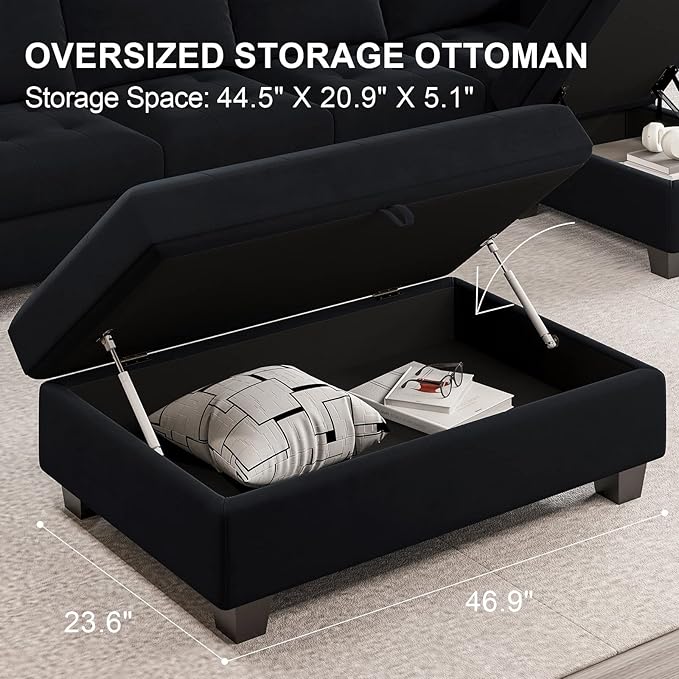 Belffin Velvet Convertible 4-Seat Sectional Sofa with Reversible Chaise L Shaped Sofa Couch Furniture Sets Sectional Couch with Storage Ottoman Black