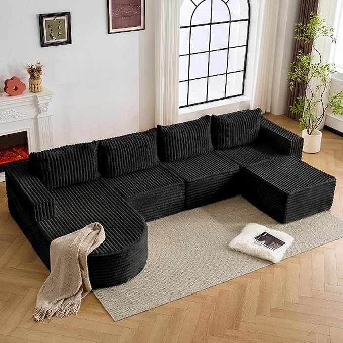 132” Boneless Couches for Living Room, L-Shaped Modular Sectional Sofa with Chaise & Ottoman, Modern Corduroy Cloud Couch with Deep Seat, Comfy Sponge Compression Convertible Sofas