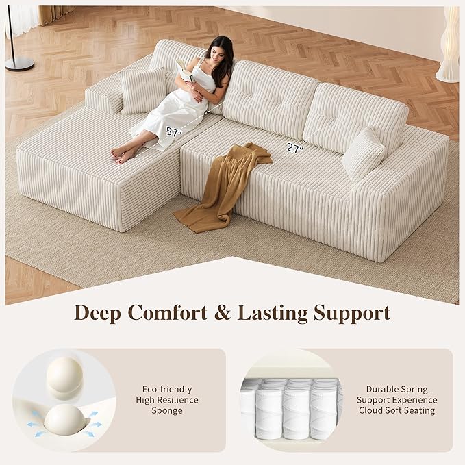 Ball & Cast 106" Boneless Sectional Sofa, Corduroy Modular L Shaped Couch with Deep Seat Chaise, Cloud Style Oversized Sectional Couch for Living Room, No Assembly, Left Facing, Beige