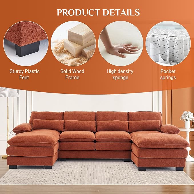 113" Cloud Couch Sectional Modular Sofa U Shaped Sectional Couches for Living Room Comfy 5-Seater Deep Seat Couch Chenille Cloud Sectional Sofa with Movable Ottoman & 4 Pillows, Orange