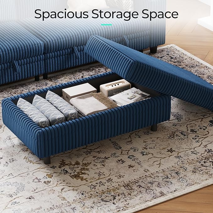 LINSY HOME Sectional Sleeper Sofa - Modular Ottoman Module (Blue, Sleeper Sofa Ottoman) | Storage, Convertible, Coffee Table, Plush Corduroy