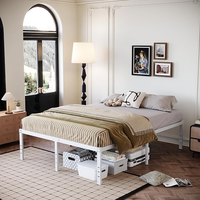 DiaOutro 18 Inch King Bed Frame Heavy Duty Metal Platform No Box Spring Needed, Maximum Storage, Easy Assembly, Noise Free, White