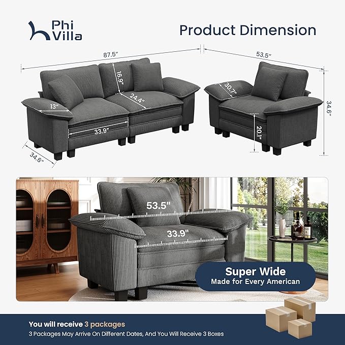 PHI VILLA Cloud Modular Couches Sets, 2 Pieces Sectional Sofa Set with Loveseat, 3-Seater Comfy Couch for Living Room Apartmeent, Corduroy Fabric, Grey