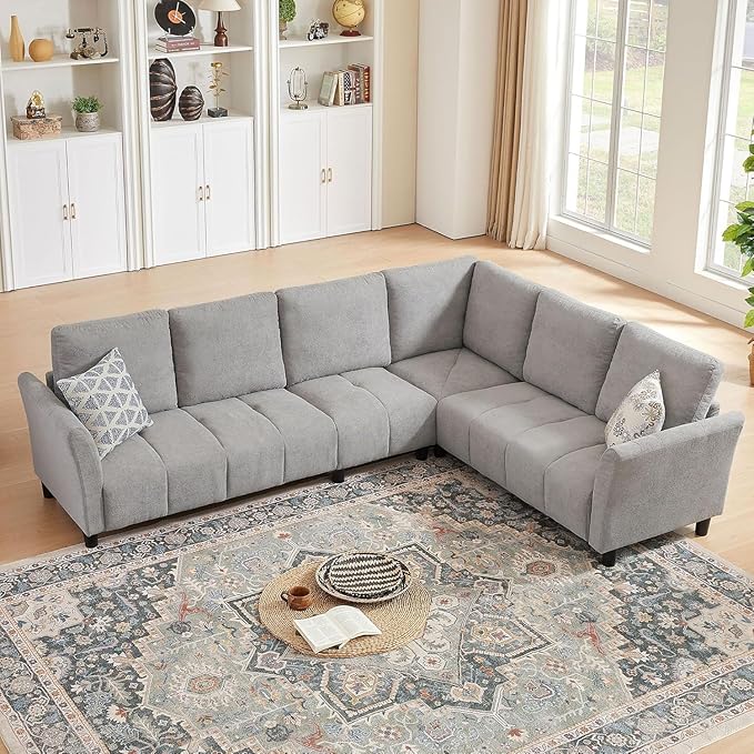 Convertible Sectional Sofa Couch, 102" L Shaped Couch with Back Cushions, Modern Upholstered Fabric 6-Seat Reversible Sofa Set for Living Room, Apartment, Office, Light Grey