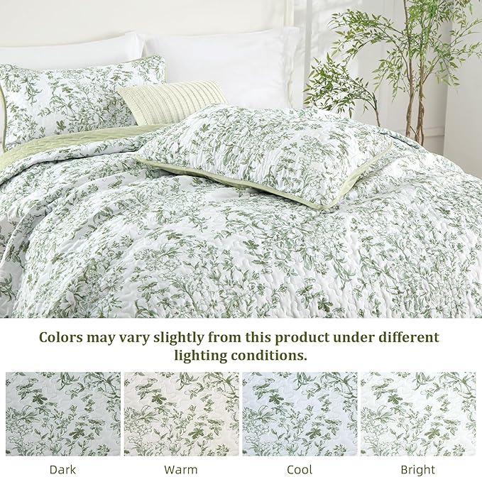WONGS BEDDING Quilt Full Size, Sage Green Quilt Bedding Set with 2 Pillowcases, Botanical Quilt for Full Bed, Soft Microfiber Lightweight Coverlet Bedspread for All Season (78"×90", 3 Pieces)