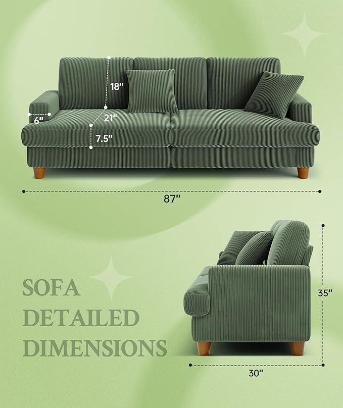 87.2" Couches for Living Room, Comfy Green Couch 7.5" Extra Thick Cushion, Sofas for Living Room Tool-Free Setup, Loveseat Sofa 848lbs Support, Corduroy Couch for Bedroom, Apartment, Office