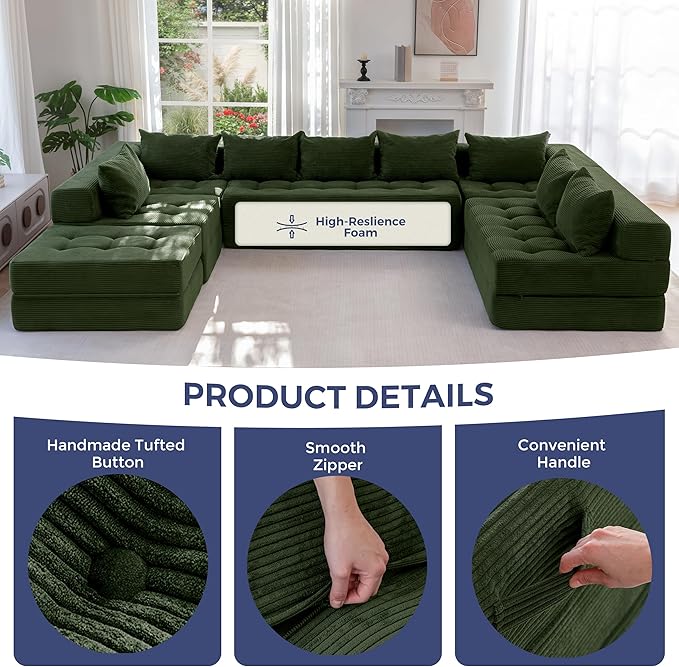 MAXYOYO Modular Sectional Sofa Couch, Foldable Oversized U Shaped Cloud Couch with Pillows, Tufted Boneless Sleeper Lounger Floor Sofa Bed for Living Room, No Assembly Required, Dark Green